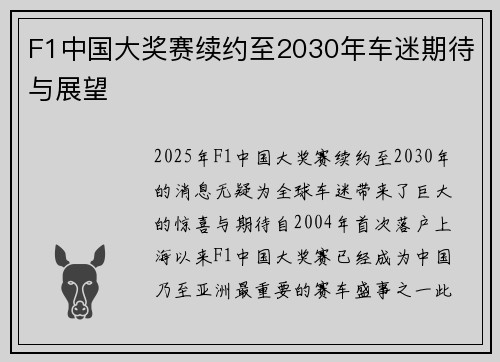 F1中国大奖赛续约至2030年车迷期待与展望 F1中国大奖赛续约至2030年车迷期待与展望